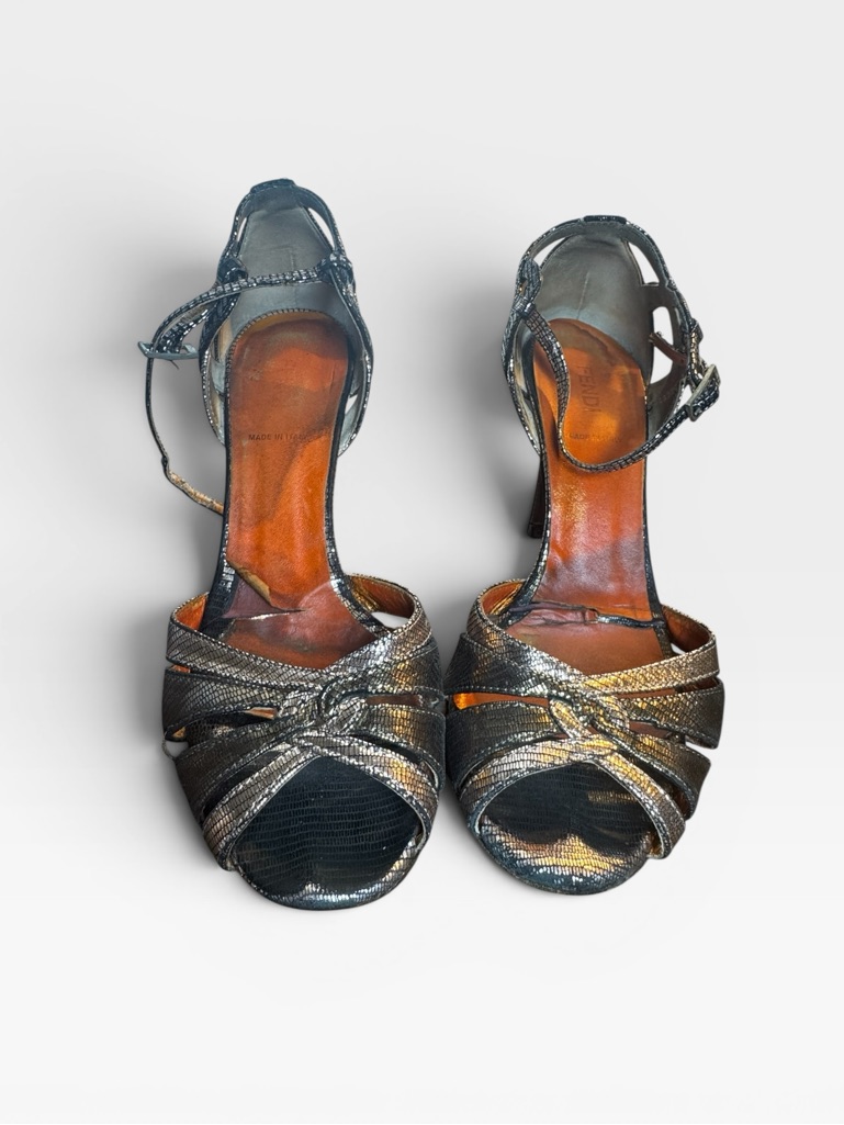 Vtg Fendi Y2k 90's Metallic Lizard Embossed Strappy Heeled Sandals Size 36.5
